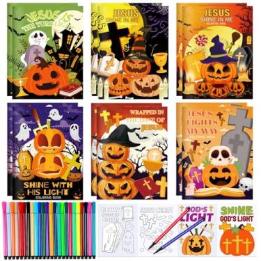Imagem de 24 unidades de livros de colorir de abóbora cristã de Halloween com canetas de tinta, mini livros de colorir religiosos para Halloween, bolsas de brindes, atividades em sala de aula