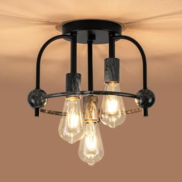 Imagem de fengkeDU Luz de teto industrial de 3 luzes pretas de montagem semiembutida perto de luminárias de teto, design de gaiola, iluminação de teto de casa de fazenda para cozinha, quarto, banheiro, hall de