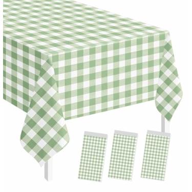 Imagem de SietDESEO Pacote com 3 toalhas de mesa xadrez verde sálvia retangular 137 x 278 cm, toalha de mesa xadrez descartável de plástico para aniversário, chá de bebê, piquenique, festa de casamento