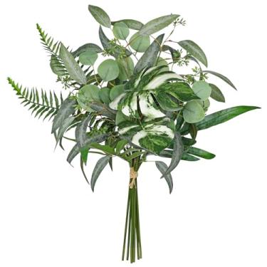 Imagem de Conjunto de caixa de hastes de vegetação artificial, 5 tipos de folhas mistas de eucalipto, samambaia dólar prata, folhas de monstera, plantas falsas a granel para buquês faça-você-mesmo, arranjos