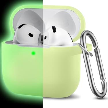 Imagem de DaQin Capa protetora completa de silicone macio para Apple AirPods 4 com chaveiro, compatível com acessórios de capa AirPod 4ª geração, verde brilho noturno