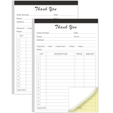 Imagem de (Pacote com 2) Livro de recibos de agradecimento - 14.0 cm x 21.6 cm Papelão 2-Part Carbonless Sales Invoice Book, bloco de notas fiscais de 100 folhas com papelão para pequenas empresas