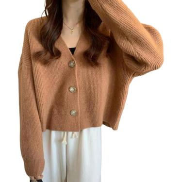 Imagem de Senhoras Cardigan Outono Inverno Decote Em V Solto Slouchy Malhas Manga Comprida Suéter Cardigan Simples All-match Top Feminino, Orange, L 55-60KG