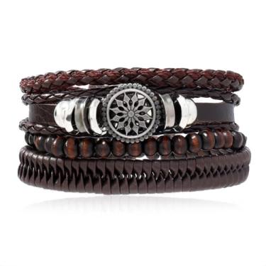 Imagem de Pulseira de couro masculina feita à mão, pulseiras empilháveis de couro, multicamadas, preto, marrom, trançado, elástico, para mulheres, conjunto de joias punk, presentes, Medium, Couro, Sem Pedra