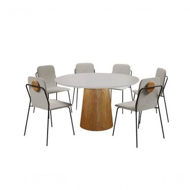 Imagem de Conjunto De Jantar Florença Com 6 Cadeiras Com Detalhe Em Madeira Base Paris Bm Tubulares Off White-tecido 502