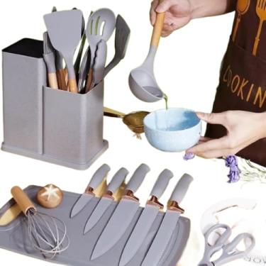 Imagem de Kit Completo Jogo de Cozinha Luxo 19 Peças Com Tábua em Silicone Espátula Faca Tesoura Utensílios(Cinza)
