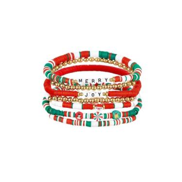 Imagem de NewZenro Pulseiras elásticas da amizade com pingente de Natal com Papai Noel banhado a ouro Heishi Argila Verde Vermelho Branco Miçangas Empilháveis Joias da Moda para Ornamento de Natal Férias