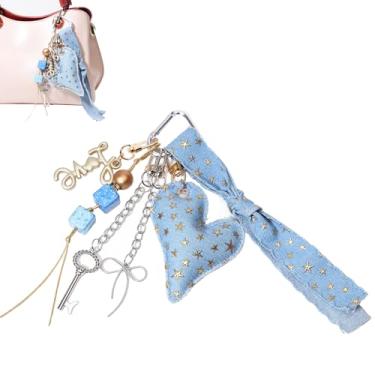 Imagem de FengFaer Berloques de bolsa de coração jeans para bolsas - Acessório de corda trançada estilo boho para bolsas femininas, bolsas, mochilas, 7.9in, liga metálica, Liga metálica.