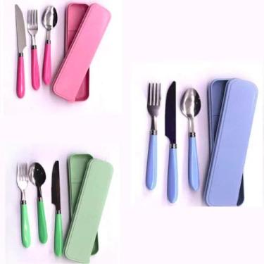 Imagem de Jogo de Talher 3 Peças Inox Colher Garfo Faca Estojo Marmita Viagem