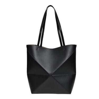 Imagem de Bolsa feminina de couro legítimo, bolsa de trabalho geométrica dobrável, bolsas de grande capacidade para viagens, Preto, One Size