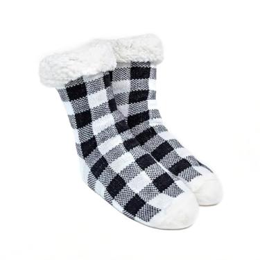 Imagem de Gealaek Meias femininas de inverno, grossas, felpudas, quentes, aconchegantes, macias, forradas com lã de ovelha, antiderrapante, com pegas, Xadrez preto e branco, 6-10