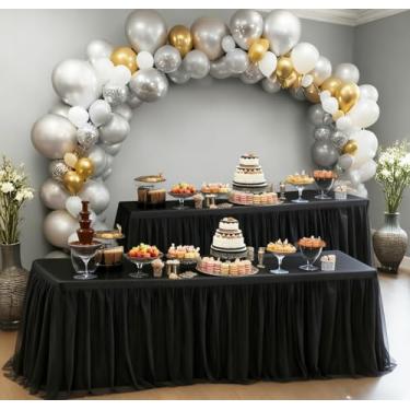 Imagem de Pacote com 2 toalhas de mesa de tule pretas 2 em 1 para mesa retangular de 1,2 m – saia de mesa elástica e capa para chá de bebê, noiva, aniversário, festa de princesa