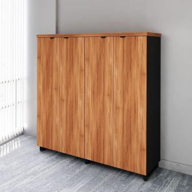 Imagem de Armário Alto Duplo 1,58m para Escritório com 4 Portas de Abrir e Puxadores Metálicos F5 Office Nogal com Preto