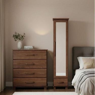 Imagem de Conjunto Cômoda 4 Gavetas + Sapateira com espelho - 100% Madeira Maciça - Linha Ouro Café