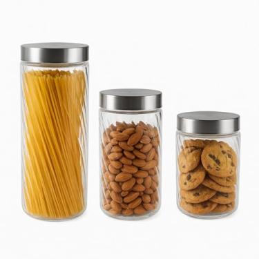Imagem de Conjunto de Potes Herméticos de Vidro, Tampa Rosca Inox, Design Canelado, Kit 3 Peças para Cozinha, Armazenamento de Alimentos