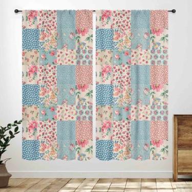 Imagem de Cortinas florais boho, flores de patchwork vintage, primavera, flores silvestres coloridas, tratamentos de janela para meninas, quarto, sala de estar, cozinha, cortinas, 53 cm L x 114 cm C, conjunto