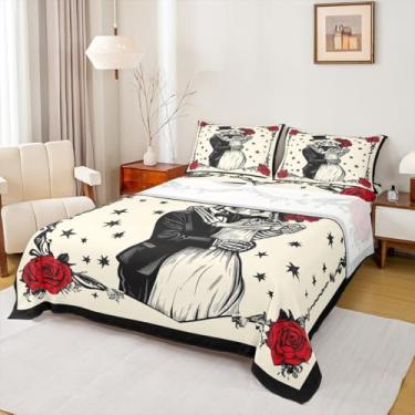 Imagem de Jogo de lençol casal de caveira de açúcar, esqueleto assustador, gótico, assustador, estrelas, rosa, para crianças, adolescentes, bege macio, 4 peças (elástico + plano + 2 fronhas)