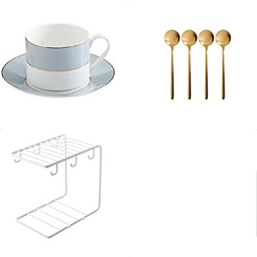 Imagem de Conjunto de chávenas de chá de estilo europeu e pires conjuntos de 4 xícaras de café expresso com acabamento dourado porcelana 198 g xícaras de café com pires colheres (cor: cinza azul) (cinza azul