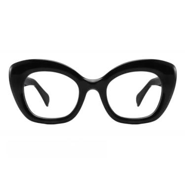Imagem de BETSION Armação redonda de acetato para óculos olho de gato com aro completo com dobradiças vintage unissex para homens e mulheres, Preto