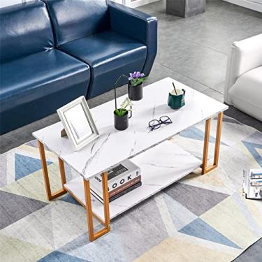 Imagem de Mesa de centro, 2 camadas de 1,5 cm de espessura, mármore MDF, retangular, mesa de centro de ferro de 100 cm L, para sala de estar, sala de jantar, café, resterant, à prova de umidade, à prova d'água,