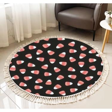 Imagem de Tapete redondo com franja de milho Dia das Bruxas Doces sem costura um simples tapete de área boho mão borla linho tapete tecido à mão pátio corredor tapete decoração de casa sala de estar mesa de