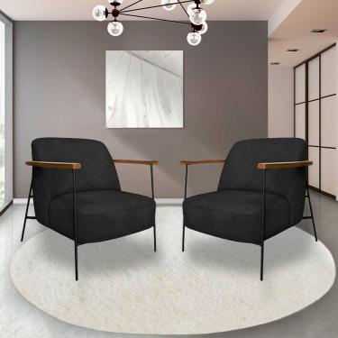 Imagem de Kit 2 Poltronas Sala de Estar Pés em Ferro Preto Braço Madeira Maciça 86cm Thane Bouclê Preto G63 - Gran Belo