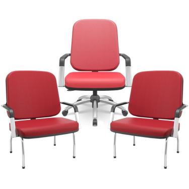 Imagem de Kit Cadeira de Escritório Giratória e 2 Cadeiras Fixas Cromada Magno P03 Vinil Vermelho - Lyam Decor