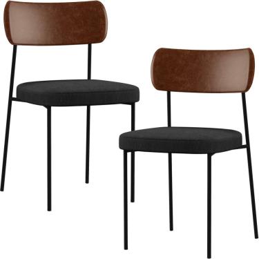 Imagem de Kit 02 Cadeiras Estofadas Para Sala De Jantar Melina L02 Couríssimo Marrom Linho Chumbo - Lyam Decor