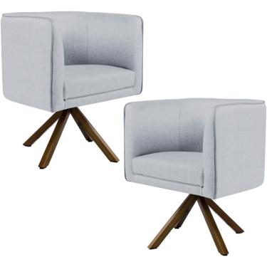 Imagem de Kit 02 Poltronas Decorativa Base Giratória de Madeira Betina D02 Linho Cinza D-315 - Lyam Decor