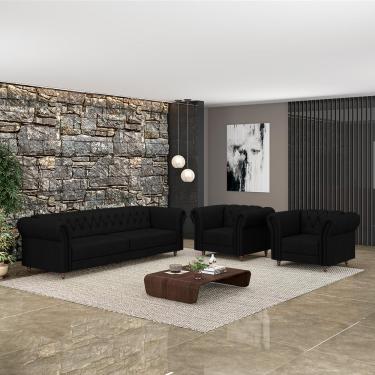Imagem de Conjunto Sala de Estar 1 Sofá Living 220cm e 2 Poltronas Stanford Chesterfield Pés Madeira Couro Preto G58 - Gran Belo