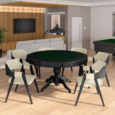 Imagem de Conjunto Mesa de Jogos Carteado Bellagio Tampo Reversível e 6 Cadeiras Madeira Poker Base Estrela PU OffWhite/Preto G42 - Gran Belo