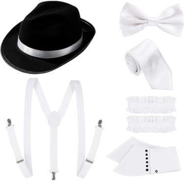 Imagem de Toulite Conjunto de acessórios masculinos de fantasia de gângster da década de 1920, chapéu Fedora preto, suspensório nas costas, faixas de braço, gravata borboleta, spats, adereço de charuto para