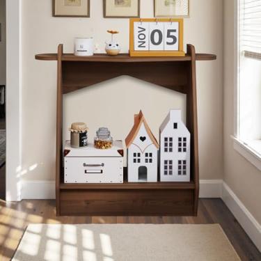 Imagem de Pmnianhua Mesa de console de madeira, mesa de sofá de armazenamento de 2 camadas, prateleira organizadora de entrada de fazenda de madeira para entrada, corredor, sala de estar, quarto (nogueira)