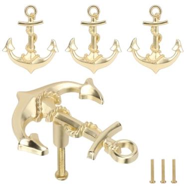Imagem de Brosay Puxadores de gaveta de âncora de armário de cozinha puxadores de gaveta costeira temáticos de praia náutica para móveis guarda-roupa armário puxadores decorativos de furo único 4 peças (ouro)
