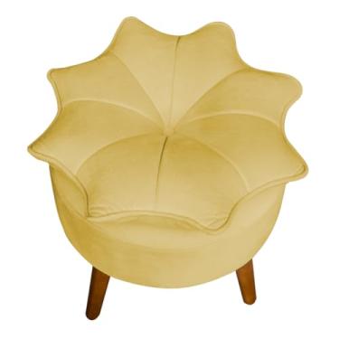 Imagem de Puff Banqueta Decorativa Flor/Pétala Veludo com Pés Palito de Madeira – Estofado Redondo Design Floral (Amarelo, Flor/Petala)