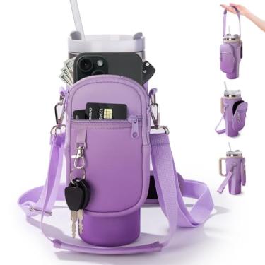 Imagem de linmaya Bolsa de transporte para garrafa de água com bolso para celular Stanley Cup 100 ml, suporte térmico de neoprene para garrafa de água, bolsa transversal com ombro ajustável e alça de mão