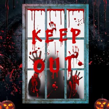 Imagem de Cartazes de janela sangrenta gigante de Halloween - cortina fantasma feminina decorações de Halloween capa de porta de janela de terror mãos de zumbi capas de janela