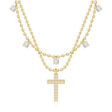 Imagem de Rotnso Colar de cruz para mulheres, banhado a ouro real 14 K, delicado, pingente de cruz pequena, simples, moderno, fofo, colar de corrente com pingente de cruz, cesta de Páscoa, enchimentos, batismo