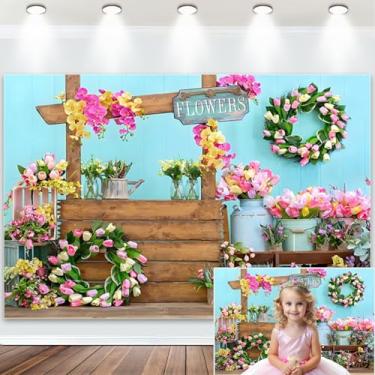 Imagem de Tecido 1,5 x 0,9 m Pano de fundo de flores rústicas primavera Páscoa carrinho floral tulipas grinalda fotografia fundo azul parede flor jardim cena papel de parede chá de bebê decoração de festa