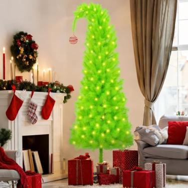 Imagem de Árvore de Natal de 1,8 m com agulha de pinheiro, árvore de Natal verde limão com saia de árvore, curva superior, 1,8 m, vertical, 2,1 m, árvore de Natal artificial caprichosa para decorações de Natal