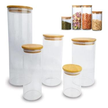 Imagem de 2X Kit 5 Potes De Vidro Herméticos Com Tampa De Bambu Para M