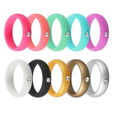 Imagem de YELARXI Anéis de silicone com strass, aliança de casamento de borracha, anéis de noivado masculinos e femininos - adequado para (esportes ao ar livre/academia/noivado/casamento/lembrança), 10 peças