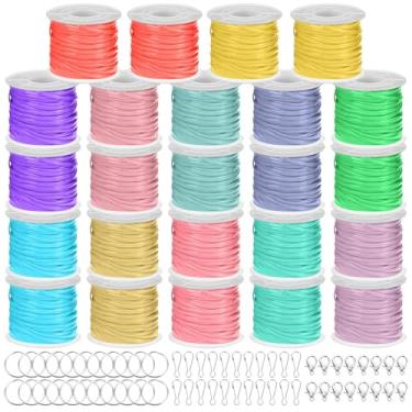 Imagem de Janinka Gimp String Kit de cordão de laço de plástico com 24 rolos, cordão de pulseira Gimp, 24 peças, joias, fecho de lagosta, 24 peças, chaveiro, clipes de cordão, ganchos de pressão (Vinta, normal)