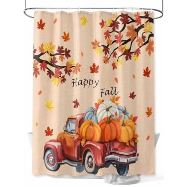 Imagem de Cortina de chuveiro Red Fall Thanksgiving Farmhouse Truck, Pumpkin Maple Leaf impermeável, lavável, conjunto de cortinas de banheiro para decoração de banheiro, 182 x 182 cm de comprimento, bege