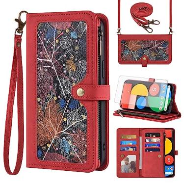 Imagem de Asuwish Capa de celular para Google Pixel 5 carteira com protetor de tela e alça de pulso transversal de couro padrão flip zíper suporte para cartão de crédito celular Pixel5 5G Pixle Five G5 mulheres