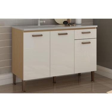 Imagem de Balcão de Cozinha c/ Tampo Essência c/ 3 Portas e 1 Gaveta 120cm Freijo/White Laca - Genialflex