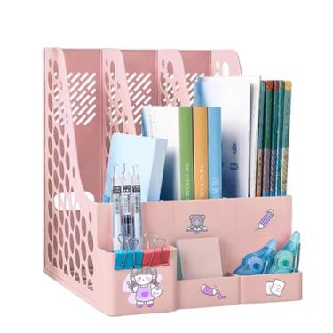 Imagem de Organizador de Mesa Escolar em Plástico Rosa, 3 Divisórias com Porta-Papéis, Livros e Acessórios, Decorativo com Estampa Infantil (rosa)
