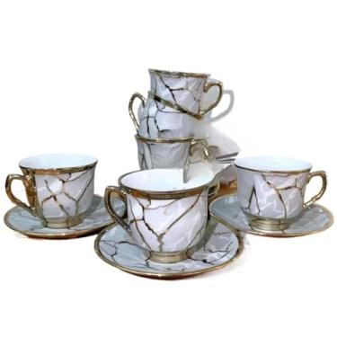 Imagem de Conjunto de Seis Requintadas XíCaras de Café em Porcelana Branca para Uso DiáRio, com Pires, Capacidade para 100 Ml.(Modelo - 9-cinza (85mL))