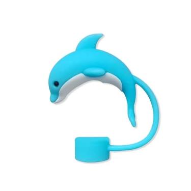 Imagem de Tampa de palha de golfinho azul, 10 mm, capa de palha de silicone fofa para copo Stanley, pontas reutilizáveis à prova de poeira, tampas dispensadores de canudo (HD590)