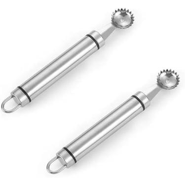 Imagem de Descascador de morangos de aço inoxidável prateado, 2 peças, multifuncional, removedor de descaroçador e descaroçador para morango, ferramenta de cozinha prática, descaroçadores de frutas e vegetais